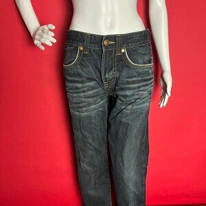 Y2K XY Xray dark wash blue jeans with metal branding patch​​​​​​​​​​​​